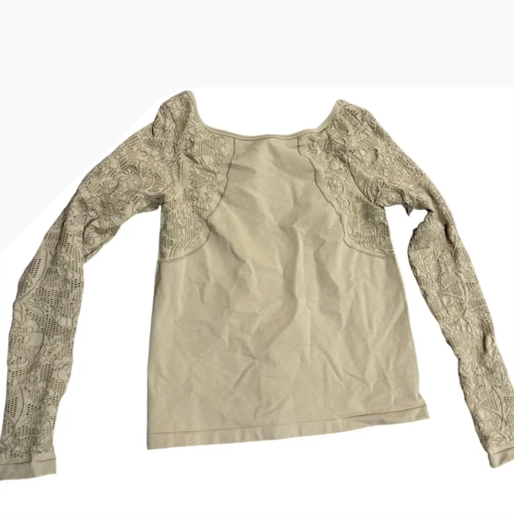 New Anthropologie Lace Detail Boat Neck‎ Long Sleeve Top Olive Green stretch s